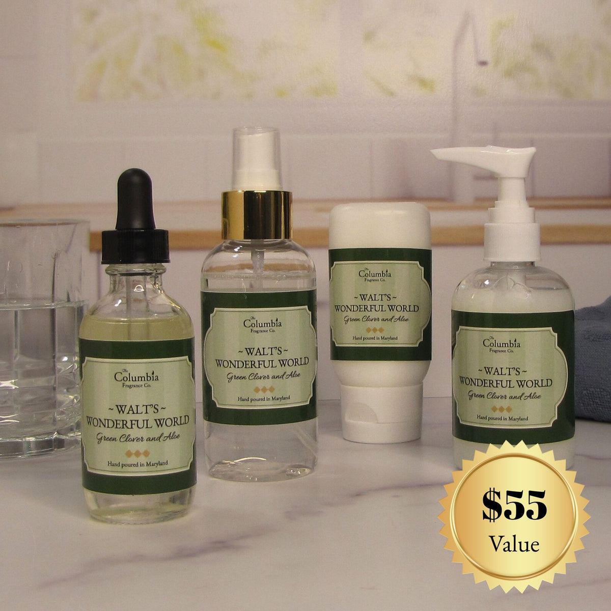 Set of skincare products with green labels on a marble surface, featuring a price tag.